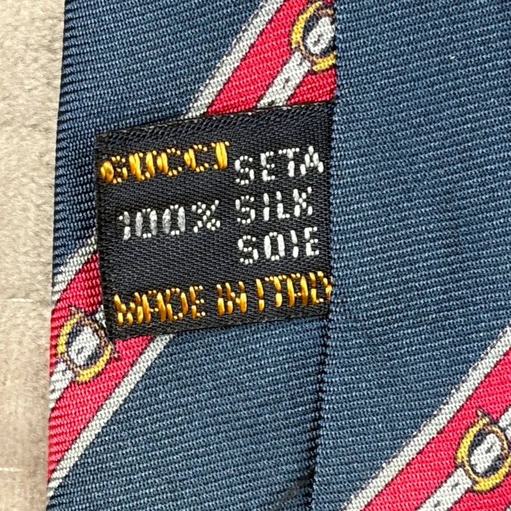 Gucci Mens Silk Tie Navy Blue‎ Red White Striped Equestrian Buckle Made in Italy